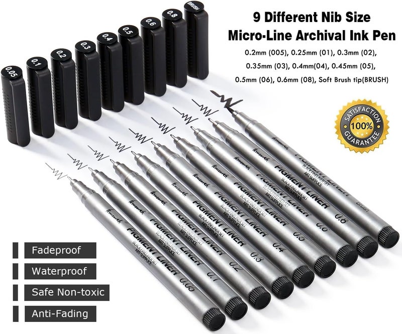 Brusarth Precision Black Micro-Pen Fineliner Ink Pens, Waterproof Archival Ink, Drawing Pen, Artist Illustration Pens, Multiliner, for Art Watercolor, Sketching, Anime, Manga, Design, 9/Set(Black) - Image 2